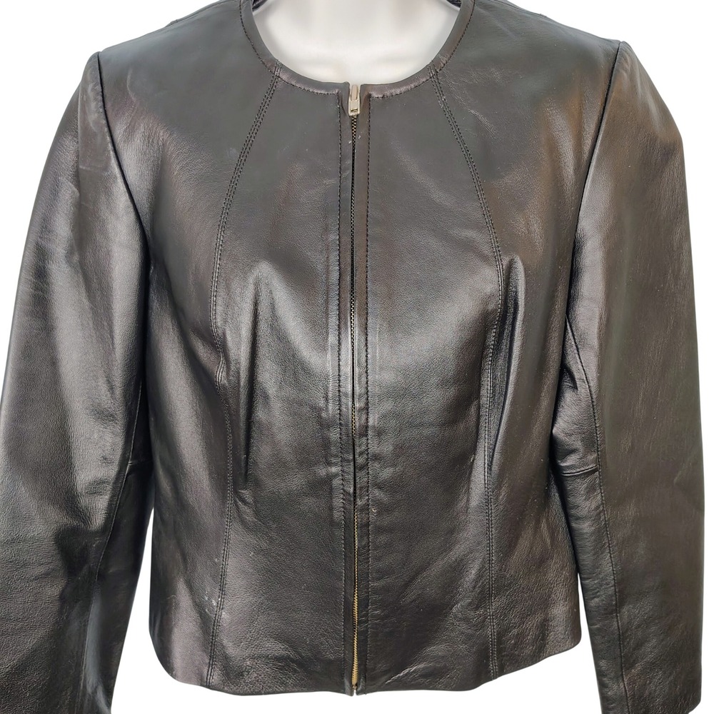 Newport News Womens Black Genuine Leather Zip Up Collarless Jacket Size 6 vamp